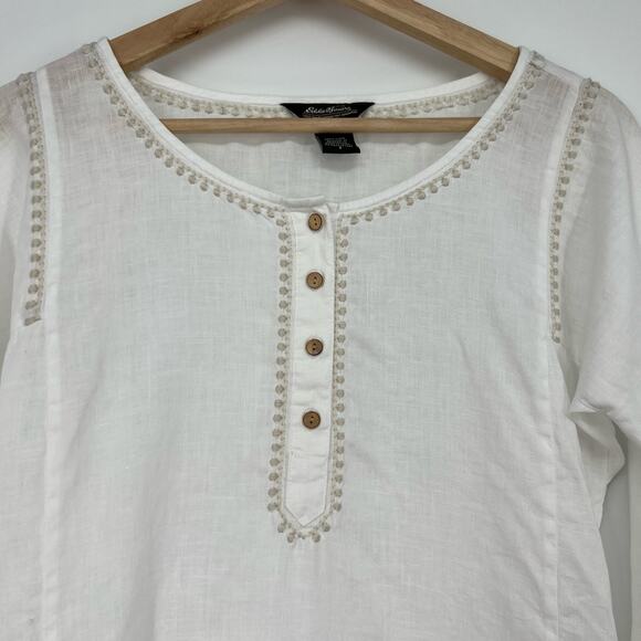 Eddie Bauer 100% Linen Tunic Top Womens Small White Tan Embroidered 3/4 Sleeve - Picture 2 of 11
